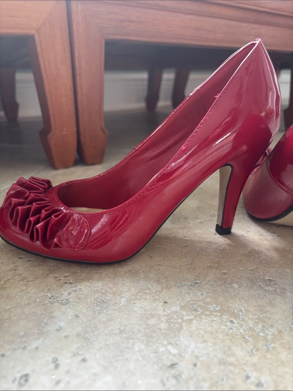 Pierre Dumas Red Patent Ruffle Peep-Toe Heels